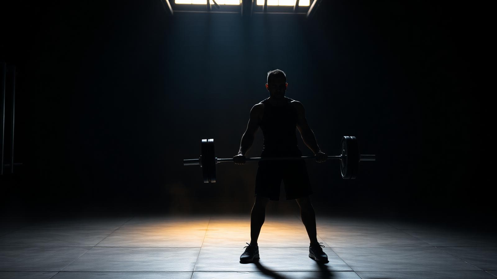Silhouette of a professional lifting a barbell in a dark gym under bronze light