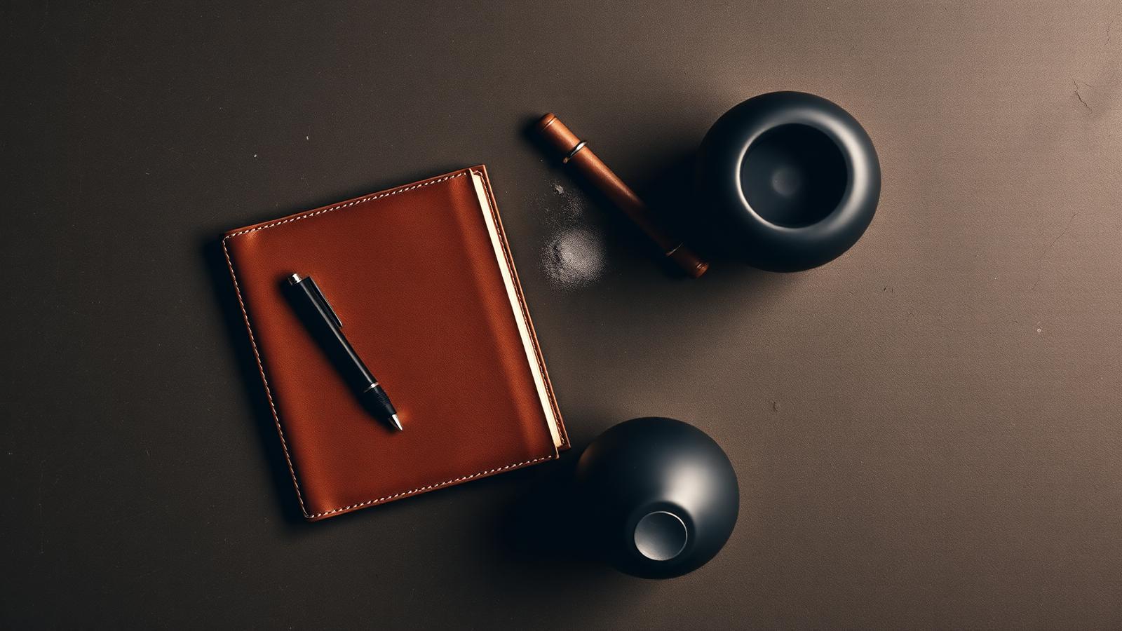 A leather-bound training journal, pen and kettlebell viewed from above in warm light