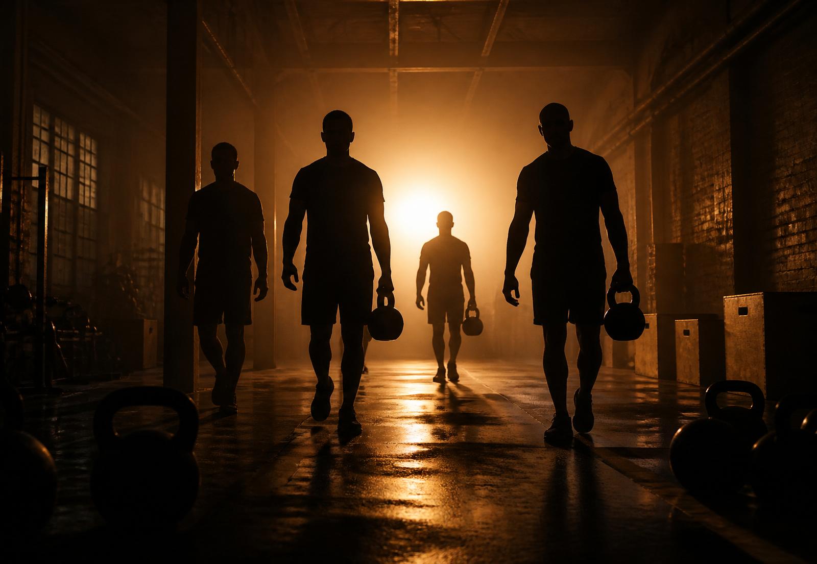 Silhouettes of men training together